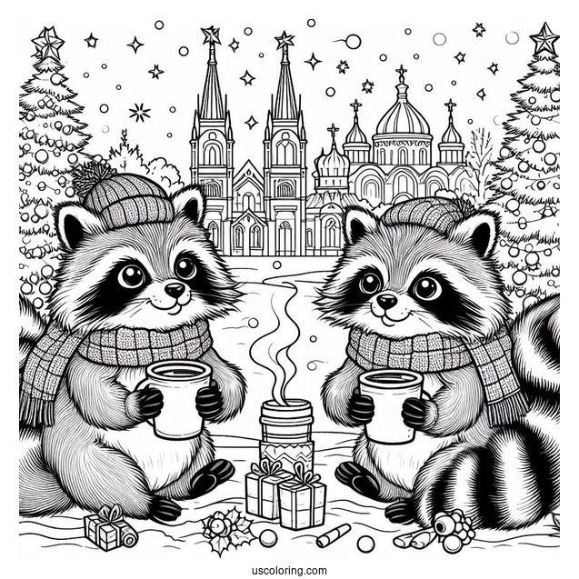 Christmas Coloring Pages For Adults Of Cartoon Racoons Sharing Hot Beverage In Front Of Christmas Tree And Cathedral