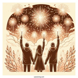 People Holding Up Sparklers To A Sky Filled With Fireworks On New Year Coloring Page