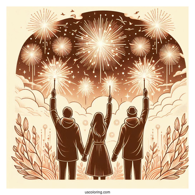 People Holding Up Sparklers To A Sky Filled With Fireworks On New Year Coloring Page