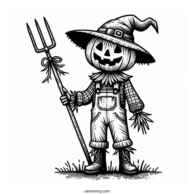 Halloween Scarecrow Coloring Page Holding A Digging Fork