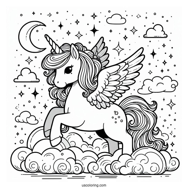 Cute Pegasus Coloring Page In the Night Sky For Kids