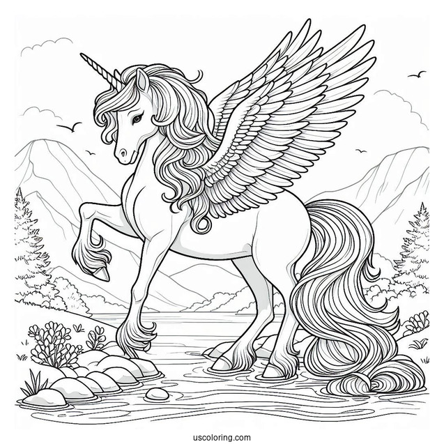 Beautiful Pegasus Coloring Page Standing By The River