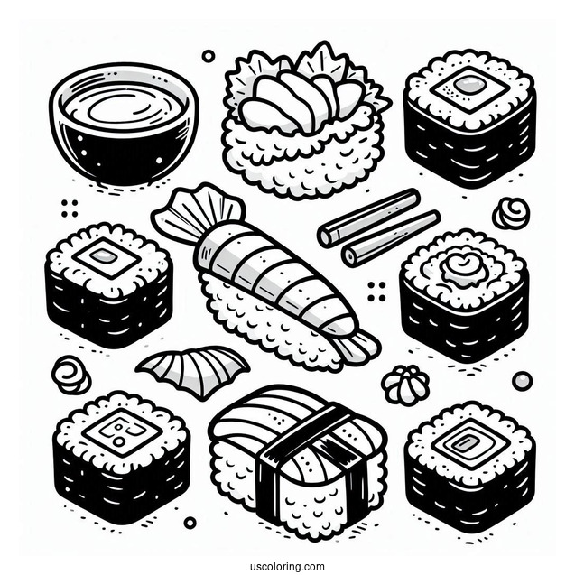Cartoon Sushi Coloring Pages Variety, Wasabi, And Soy Sauce