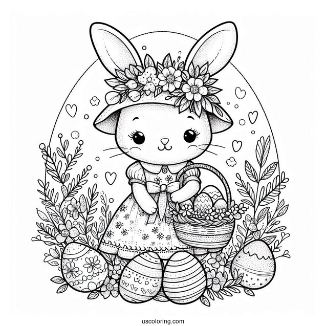 Beautiful Easter Coloring Page Of Bunny In A Dress With A Basket Full Of Eggs