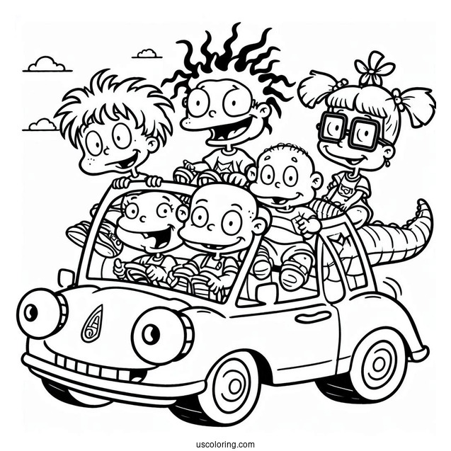Rugrats Coloring Page Of Rugrats Dil, Tommy, Chuckie, Angelika, Lillian, And Philip On Reptar Car