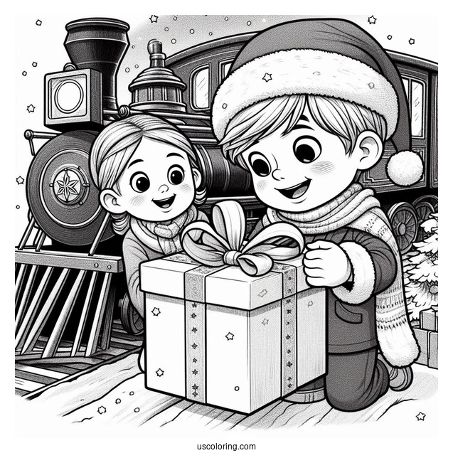 Polar Express Coloring Page Of Hero Boy And Sister Opening A Present