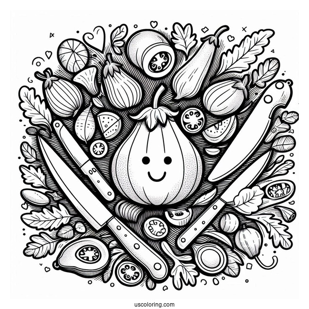 Ratatouille Coloring Page Surrounded By Kitchen Knives