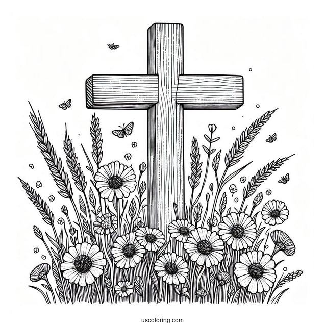 Cross Coloring Page Covered In Wildflowers On A Field