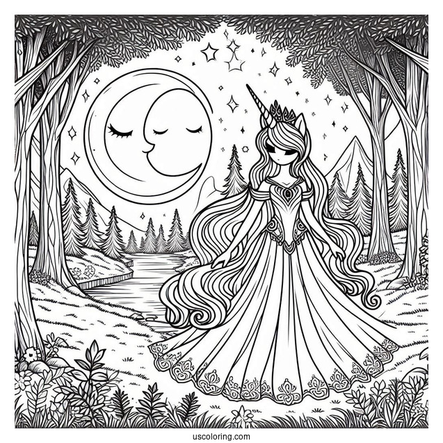 Princess Luna Coloring Page In The Forest At Night
