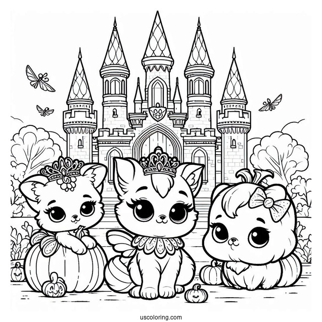 Palace Pets Coloring Page Of Treasure, Petite, Pumpkin And Ms. Featherbon In Front Of Castle