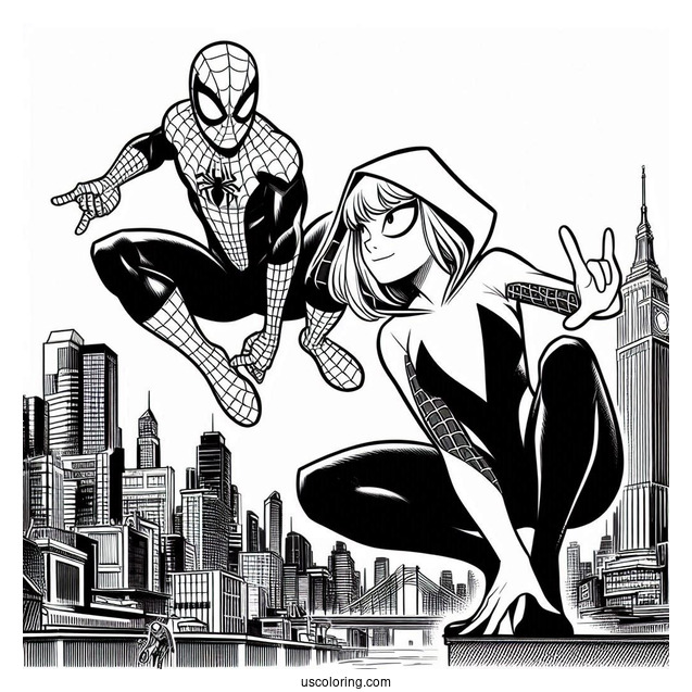 Spider Man And Spider-Gwen Coloring Page In Action