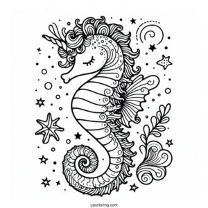 Adorable Unicorn Seahorse To Color