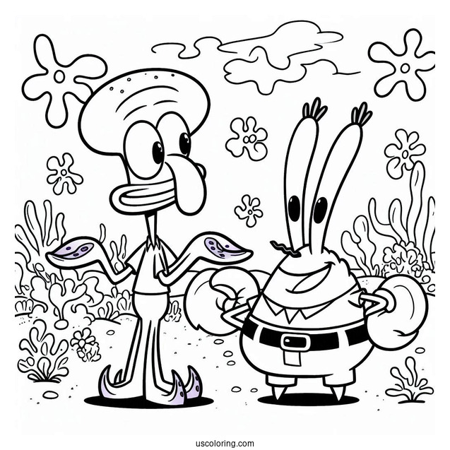 Simple Eugene Harold Krabs With Squidward Coloring Page For Kids