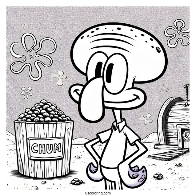 Handsome Squidward Coloring Page Posing In Front Of Chum Bucket
