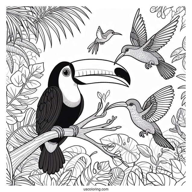 Toucans And Hummingbirds In The Jungle Coloring Page