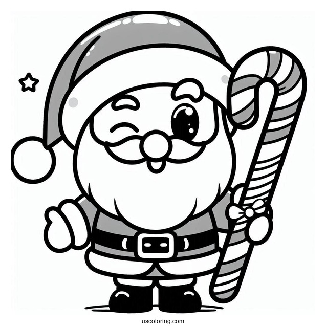 Cartoon Santa Winking While Carrying A Candy Cane Coloring Page For Kids