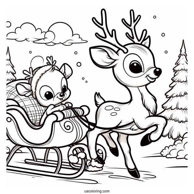 Rudolph Coloring Page Pulling Santa s Sleigh For Kids