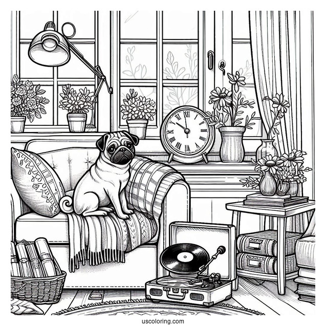 Cozy Home Scene with Pug Coloring Page and Vinyl Player