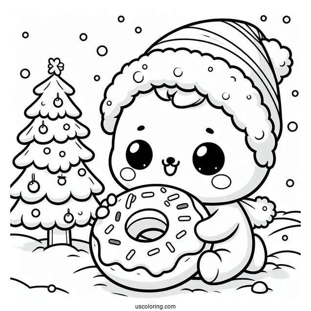 Baby Donut Coloring Page Playing In The Snow On Christmas