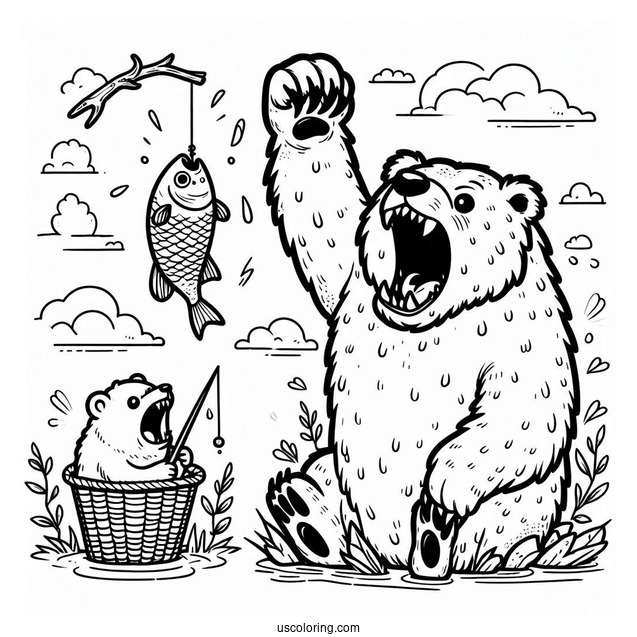 Scary Bear Coloring Page Catching Fish In The Air
