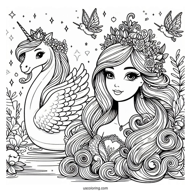 Swan Princess Barbie With Unicorn Coloring Sheet