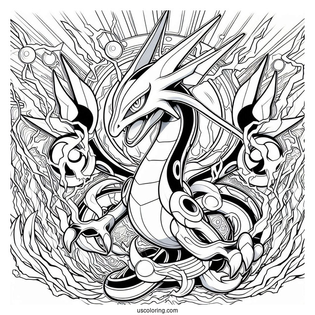 Detailed Mega Rayquaza Coloring Page Surrounded By Electricity