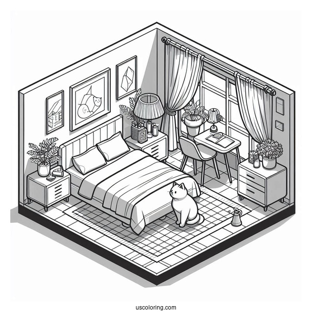 Modern Isometric Bedroom Coloring Page With A Large Cat
