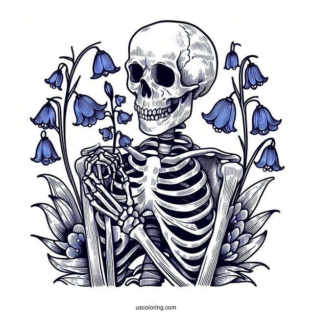 Skeleton Coloring Page Holding Up Bluebells