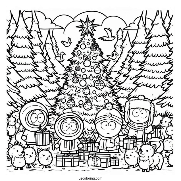 Detailed South Park Coloring Page Of Kyle, Kenny, Stan, And Eric Decorating Christmas Tree With Forest Animals