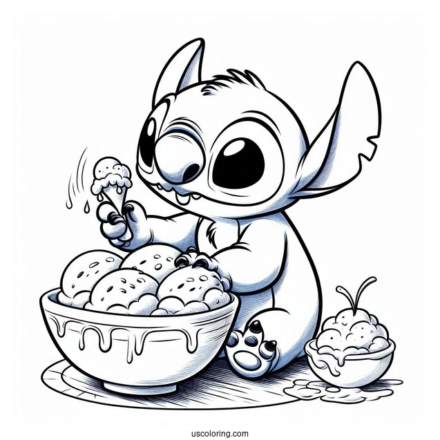 Stitch Playing In a Bowl Of Ice Cream To Color