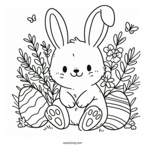 Happy Easter Coloring Page With Bunny Ears And Feet