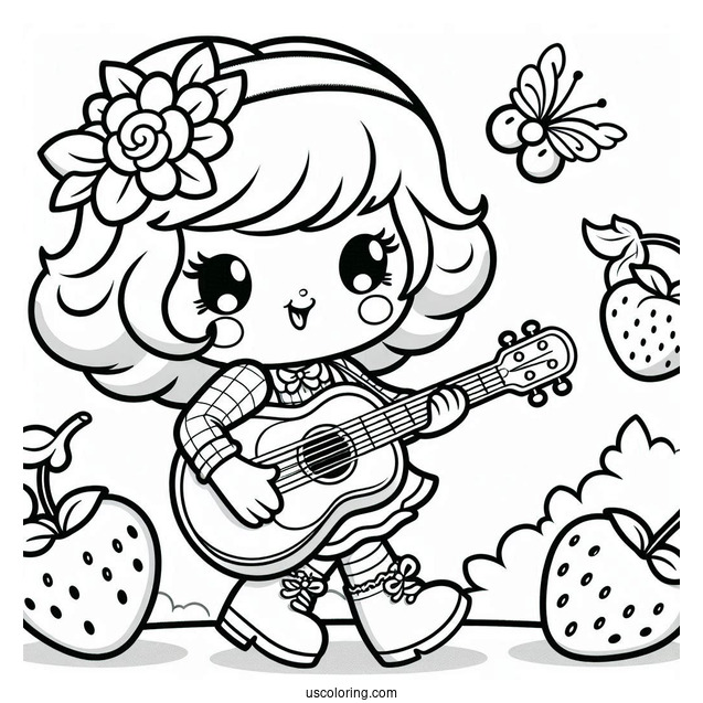 Strawberry Shortcake Coloring Page of Cherry Jam Playing Guitar