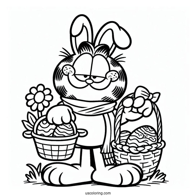 Easter Coloring Page Of Garfield Dressed As Easter Bunny With Basket Of Easter Eggs For Kids