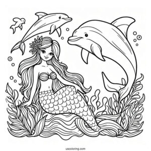 Mermaid And Dolphin Coloring Page