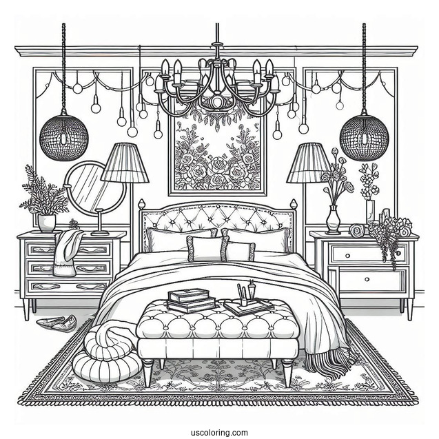 Classy Bedroom Coloring Page With Ottoman, Paintings, And Hanging Lights