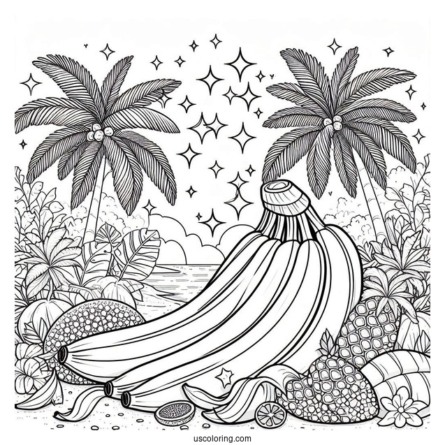 Sparkling Banana Coloring Page With Coconut Trees In The Background