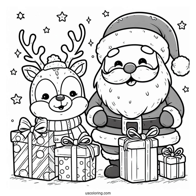 Cute Santa And Rudolph With Presents Coloring Page
