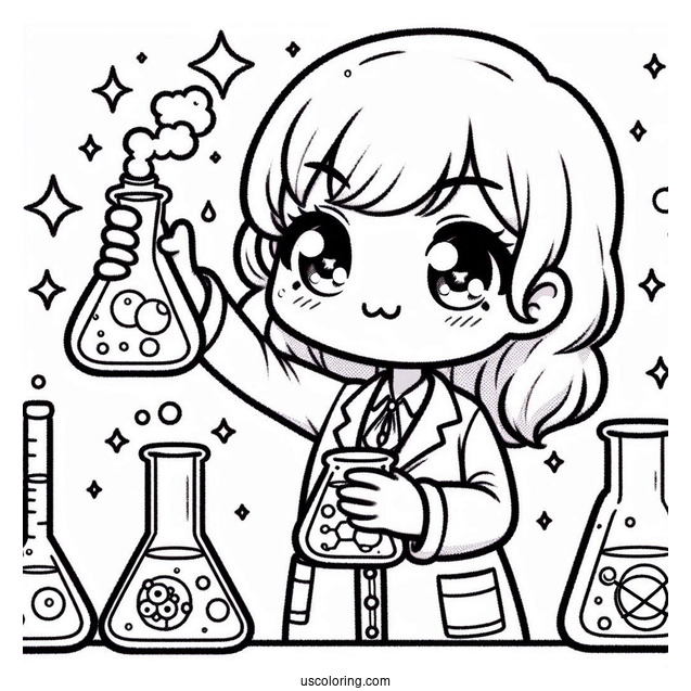 Science Coloring Page Of Kawaii Female Scientists Holding Volumetric Flasks