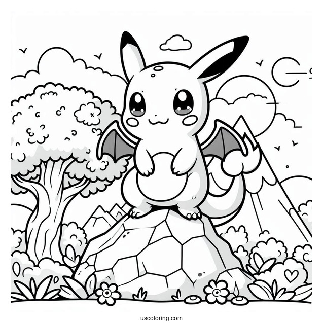Kawaii Charizard Standing On A Rock Coloring Sheet