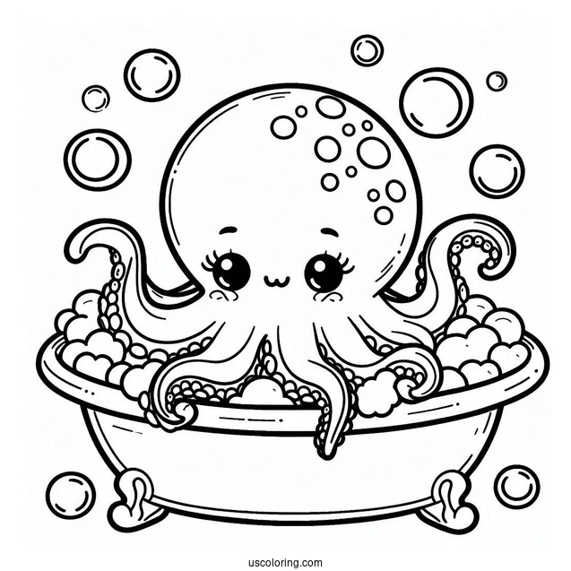 Cute Baby Octopus Coloring Page Having Bubble Bath