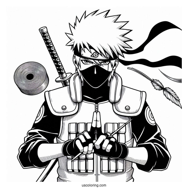 Realistic Kakashi Coloring Page With His Kunai And Icha Icha Book