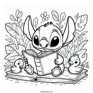Stitch Reading a Book Do Duckings Coloring Page