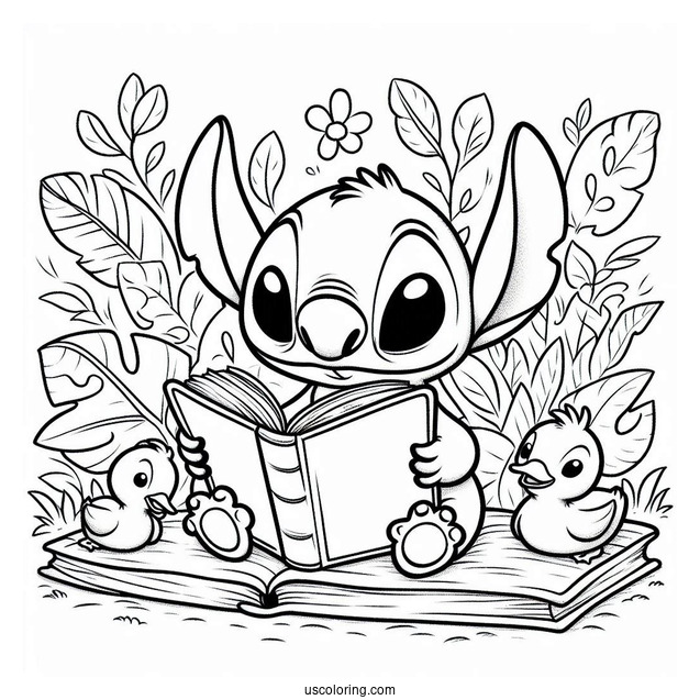 Stitch Reading a Book Do Duckings Coloring Page