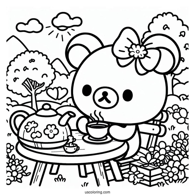 Rilakkuma Coloring Page Of Easy Chairoikoguma Having Tea In The Garden For Preschoolers
