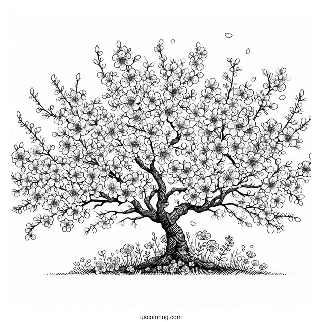 Large Tree Blooming Flowers In Spring Coloring Page