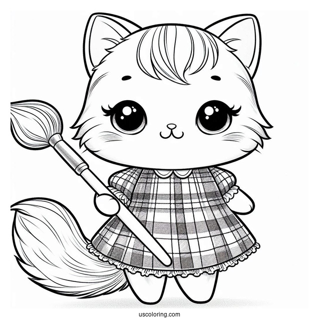 Cute Coloring Page Furry Cat Holding A Paintbrush And Wearing A Plaid Dress