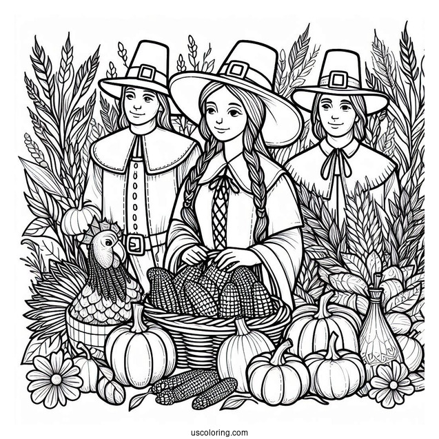 Pilgrim Coloring Page With Native Americans Surrounded By Harvest