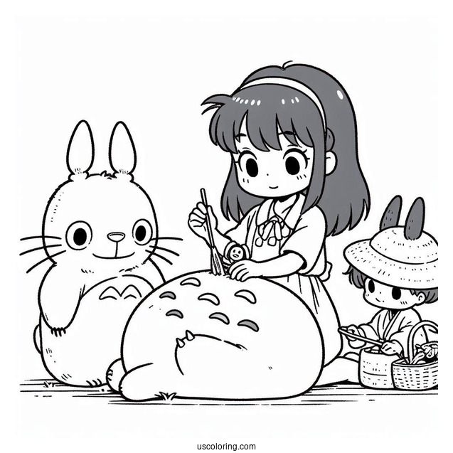 Studio Ghibli Coloring Page of Mei And Satsuki Playing With Totoro