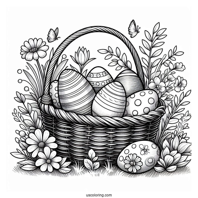 Detailed Basket Filled With Easter Eggs In Garden Coloring Sheet