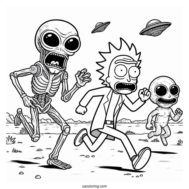 Rick And Morty Running From Aliens Coloring Page